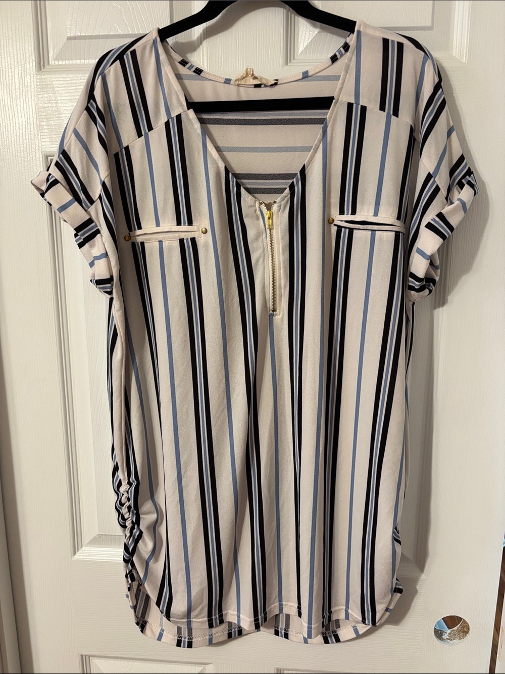 Sweet Wanderer Cream, Black & Blue Striped V-Neck Zip Front Blouse